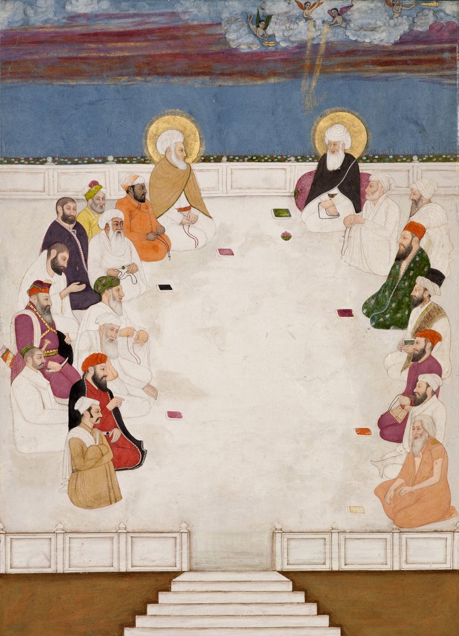 Molla Şah ve Aurangzeb de dahil olmak üzere bir grup Hintli aziz ve kutsal adam, oturmuş, c.1725 (kağıt üzerinde opak wc ve altın) by Indian School