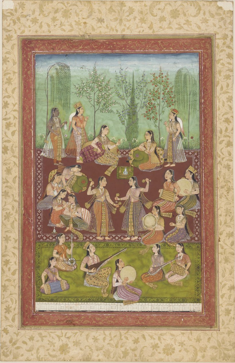 Bir bahçede müzik ve dansla eğlenen bir grup kadın (kağıt üzerinde renkli ve altın rengi) by Indian School