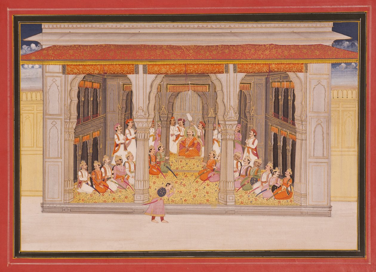 Bir pavyonda durbarda bir kral, 1760 (kağıt üzerinde opak wc ve altın) by Indian School