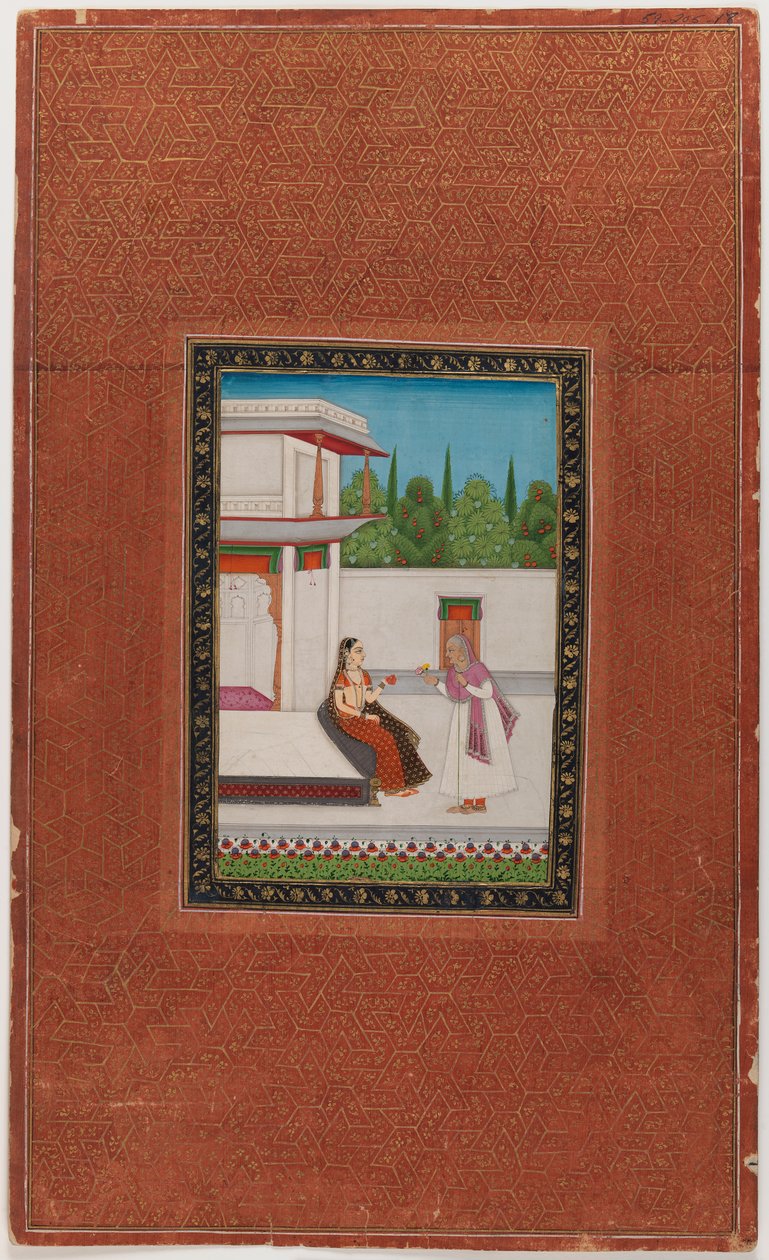 Bir hanımefendi ve yaşlı hizmetçisi, 1875-1900 (kağıt üzerinde opak wc ve altın rengi) by Indian School