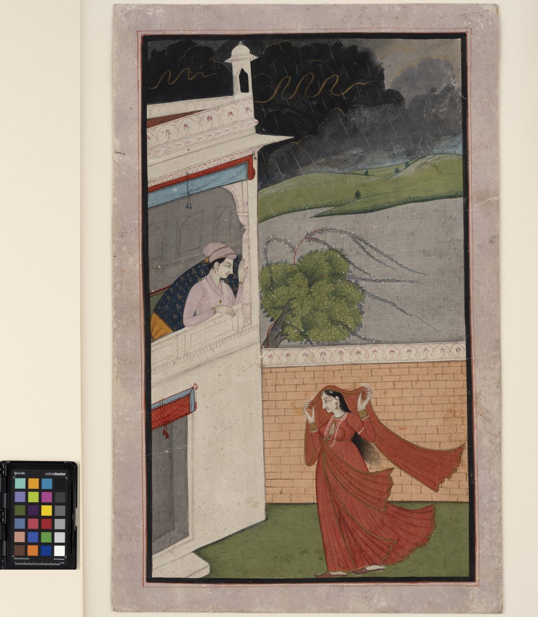 Bir bayan bir yağmur fırtınasında sevgilisinin evine gelir, c.1830 (kağıt üzerinde opak ve altın sarısı) by Indian School