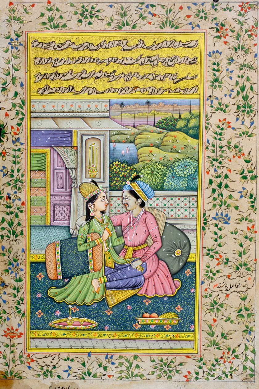 Bir adam lüks bir ortamda bir kadına kur yapıyor, Rajasthani minyatür tablosu by Indian School