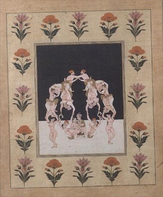 Birbirine dolanmış aşıklardan oluşan bir salıncakta oturan bir çift aşık, 1830 dolayları (kağıt üzerine guaj) by Indian School