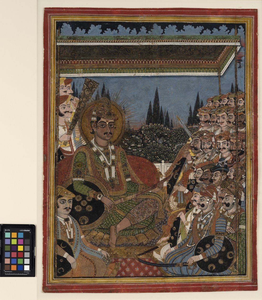 Bir gölgelik altında darbarda bir prens, c.1880 (kağıt üzerinde opak suluboya ve altın rengi) by Indian School