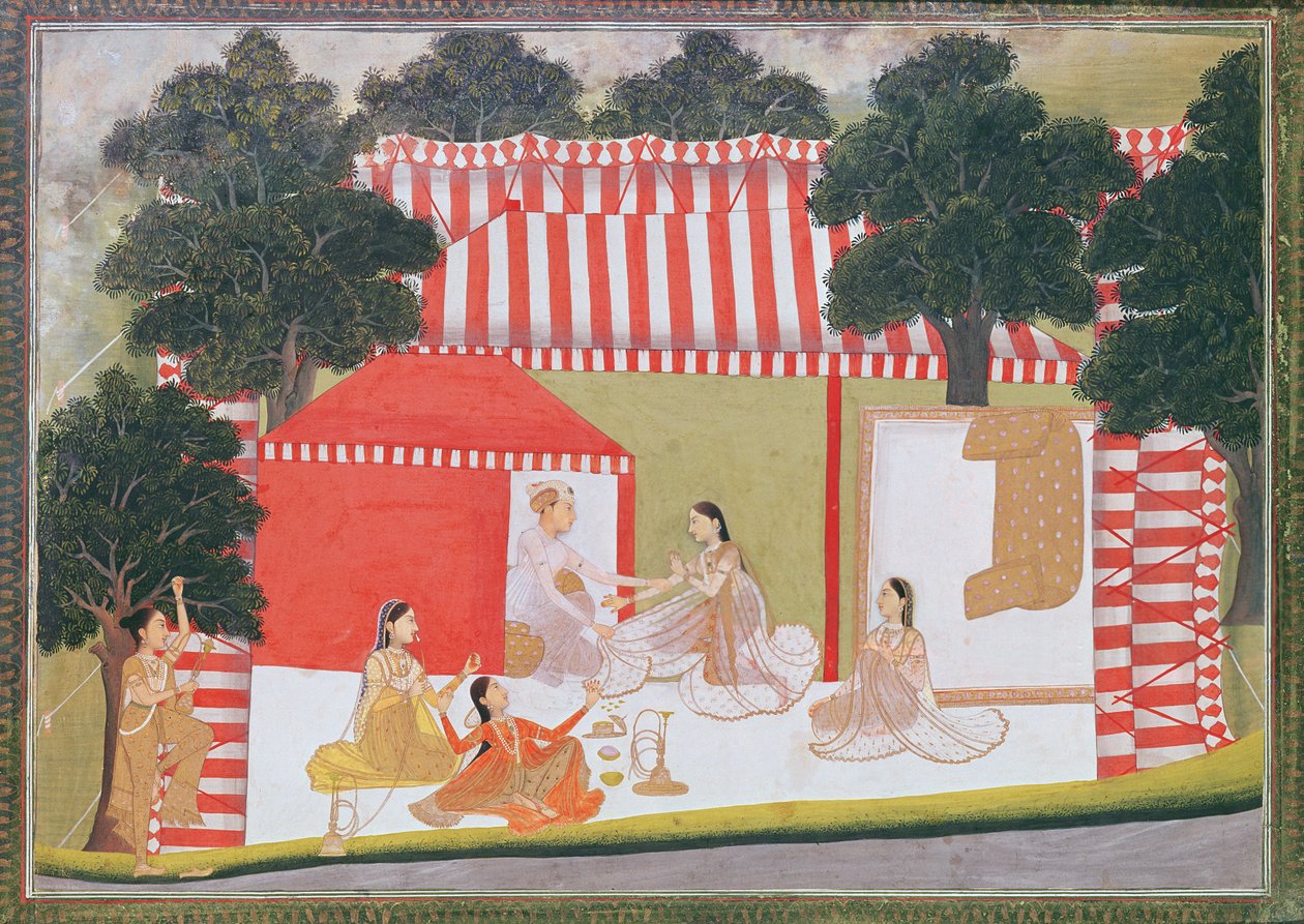 Bir hanımefendiyi çadırına çekmeye çalışan bir prens; bir hizmetçi ve arkadaşlar şaşkınlıkla bakıyorlar, c.1760 (kağıt üzerinde opak klozet) by Indian School