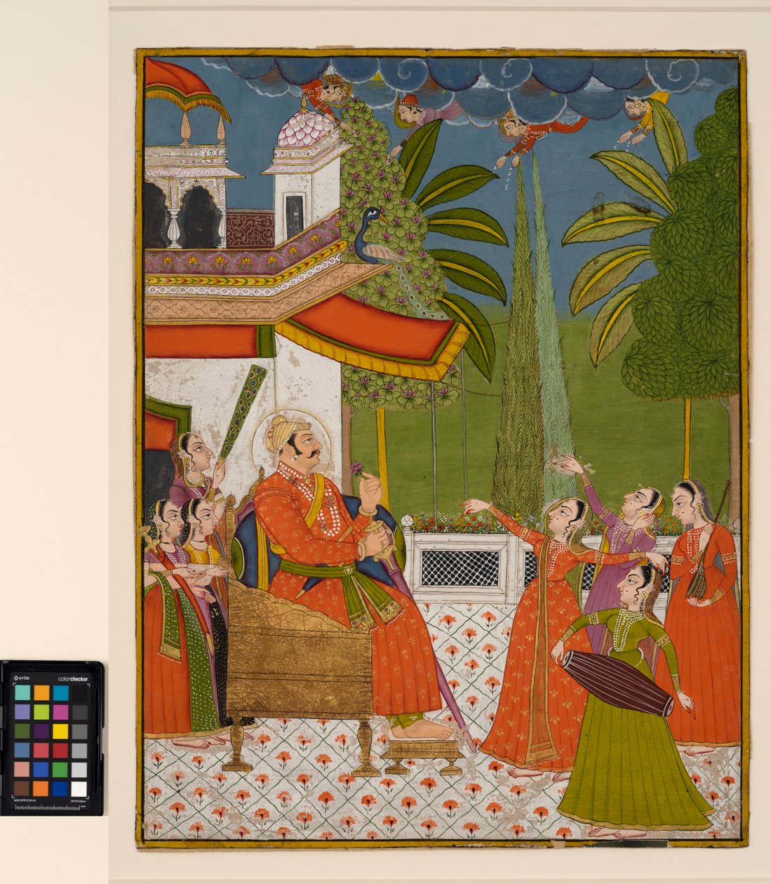 Dansçılar ve müzisyenler tarafından eğlendirilen tahtta bir raja, c.1775 (kağıt üzerinde opak sulu boya) by Indian School