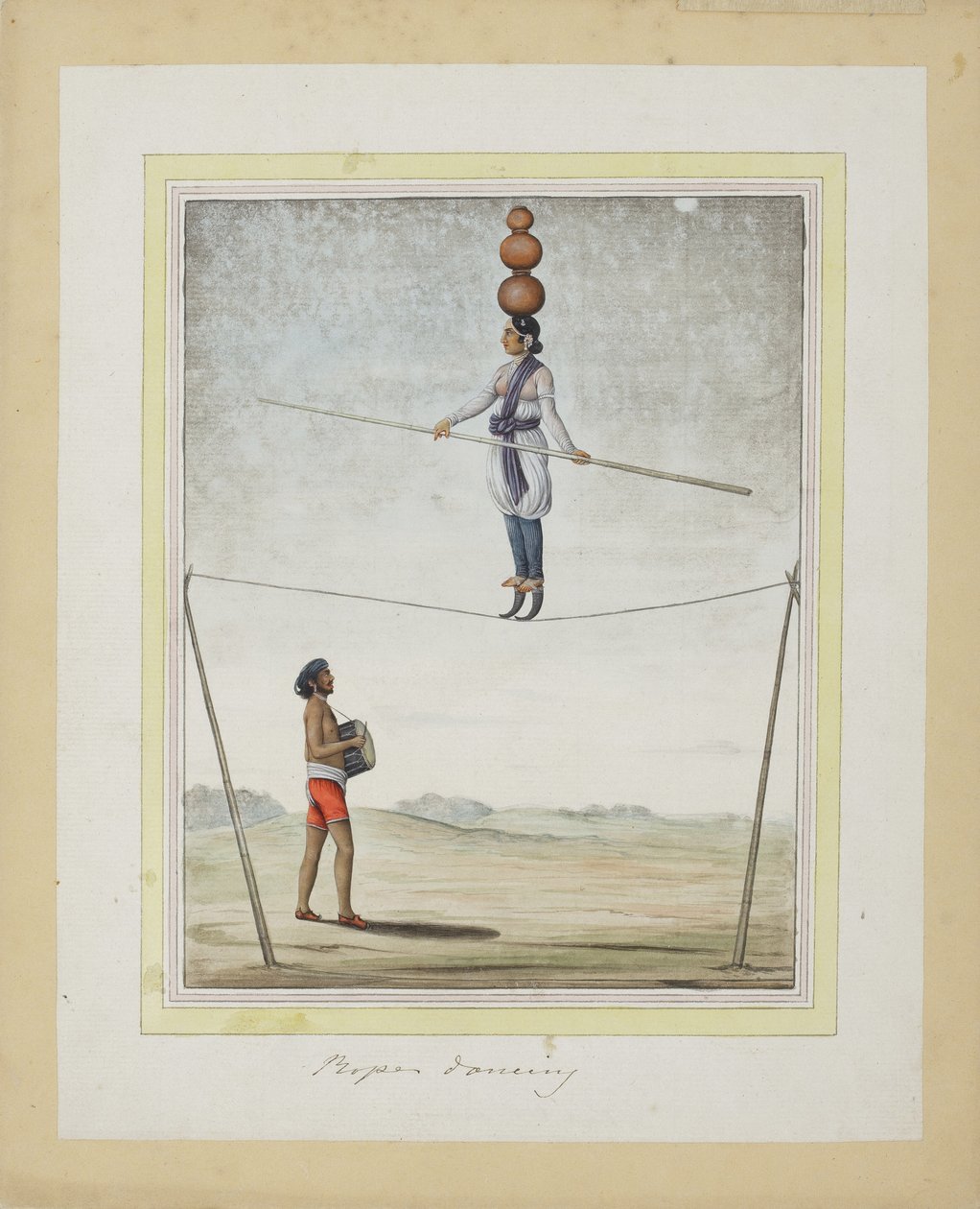 İp üzerinde akrobat, davulcu aşağıda, c.1820 (kağıt üzerinde opak wc) by Indian School