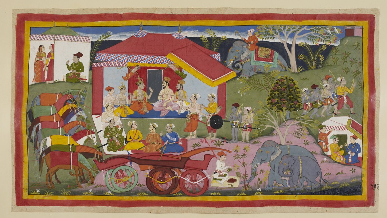 Ekle 15296 (1) f.104r, Bir kamp sahnesinde, Nishadaking Guha prensler, Brahminler ve bakanların toplantısına tanıtıldı. Savaş arabalarından askısız atlar, bağlı ve topallanmış bir sıra halinde dururken, bir fil maunları için barut hazırlar. by Indian School