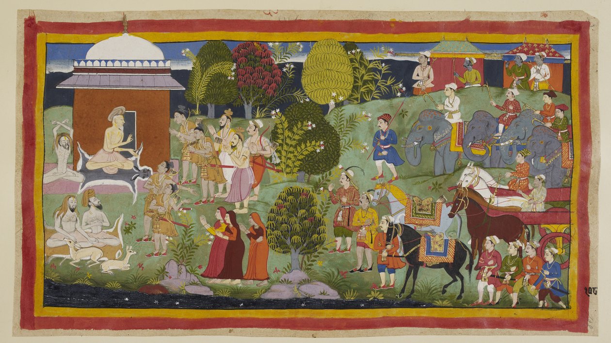 Ekle 15296 (1) f.108r, Bharadva ja, kulübesinin dışında diğer münzeviler ve geyiklerle birlikte otururken, prenslere onun misafirperverliğinden memnun kalıp kalmadıklarını sorar. Onlara ve arkadaşlarına Rama