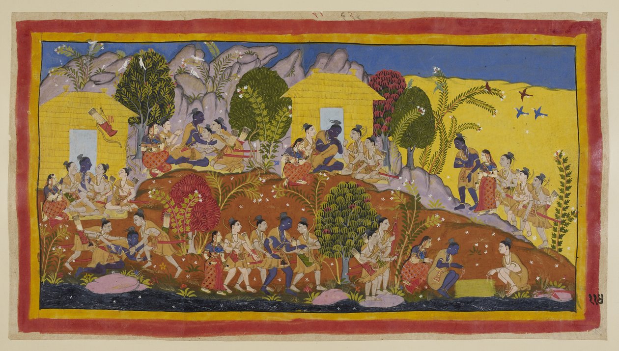 Ekle 15296 (1) f.114r, Ortada en üstte, Bharata ve Shatrughna kendilerini küçük erkek kardeşlerini kucaklayan ve Sitaeir başlarını koklayan Rama