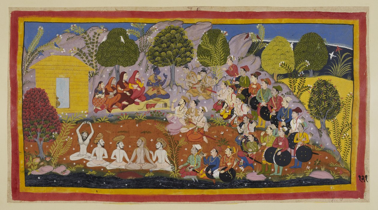 15296 (1) f.121r ekleyin, Rama, sağında üç kraliçe ve Sita ile iki erkek kardeşe dönük bir hasırda oturuyor. Bharata, Rama