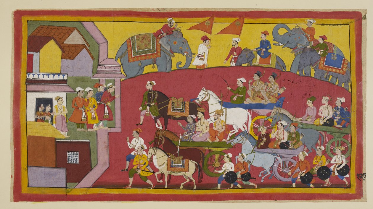 Ekle 15296 (1) f.128r, Vasistha ve prenslerin savaş arabaları, çeşitli bakanlar ve insanlar tarafından Nandigrama kasabasına girer. by Indian School