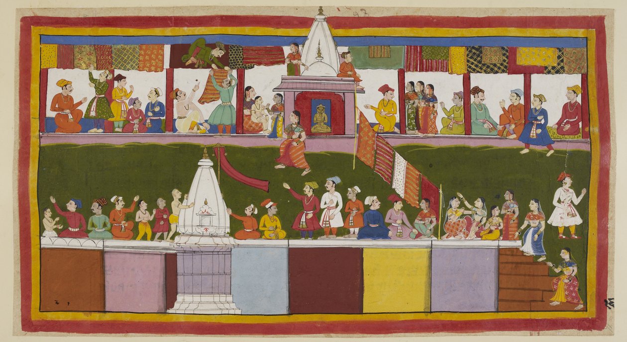 Ekle 15296 (1) f.16r, Ayodhya şehrinin ana caddesinde, heyecanlı tüccarlar dükkânlarını en iyi brokarlarla süslüyor, insanlar evlerin tepelerine ve tapınakların üzerinden tırmanıyor, taç giyme töreninin en iyi görünümü by Indian School
