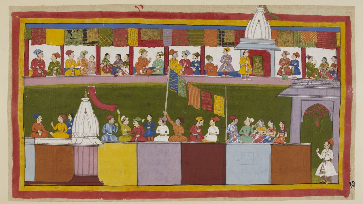 Ekle 15296 (1) f.17r, Ayodhya kentindeki aynı cadde, alayı bekleyen insanlarla birlikte şimdi tamamen dekore edilmiştir. Birbirlerine kralın ne kadar bilge olduğunu ve yeni koruyucuları Rama olduğu için ne kadar şanslı olduklarını söylerler. by Indian School