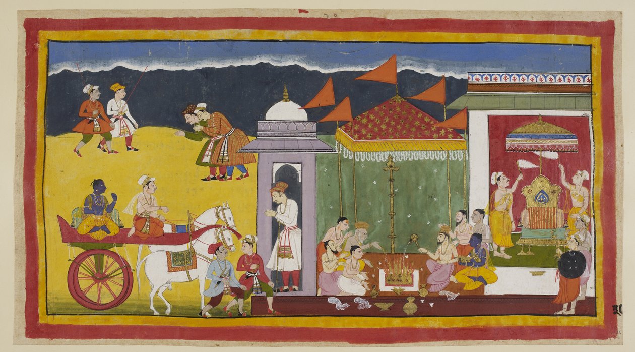 Ekle 15296 (1) f.30r, Sumantra, arabasında Rama ile sarayın girişine gelir ve kasaba halkı onları selamlamak için eğilir. Saray duvarlarına girdikten sonra Rama, panda l altında Brahmanlarla birlikte kutsal ateşe sunulan adaklara katılır. by Indian School