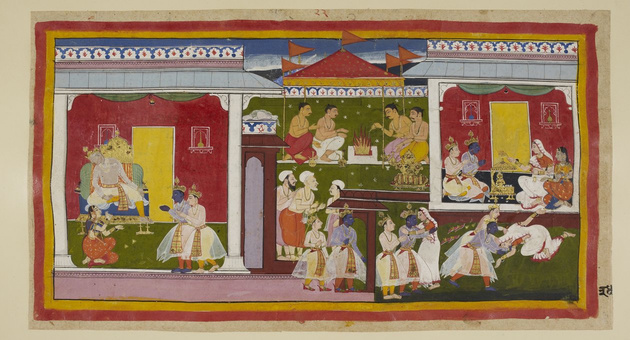 15296 (1) f.34r ekleyin, Rama mükemmel bir soğukkanlılıkla sürgününü kabul eder ve o ve Laksmana, başı yere eğik ve bakışları başka yöne çevrilmiş halde oğluna bakmaya cesaret edemeyen Kaikeyi ve Dasaratha