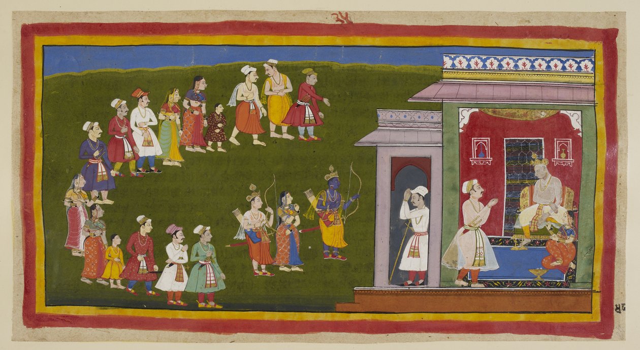 Add 15296 (1) f.48r, Rama ve Laksmana, eskisi gibi giyinmiş ama kılıç, yay ve oklarla donanmış, Sita eşliğinde, babalarının sarayına gelen kederli insanlarla dolu sokaklarda alçakgönüllülükle yürüdüler. Sumantra onları tahttaki Das