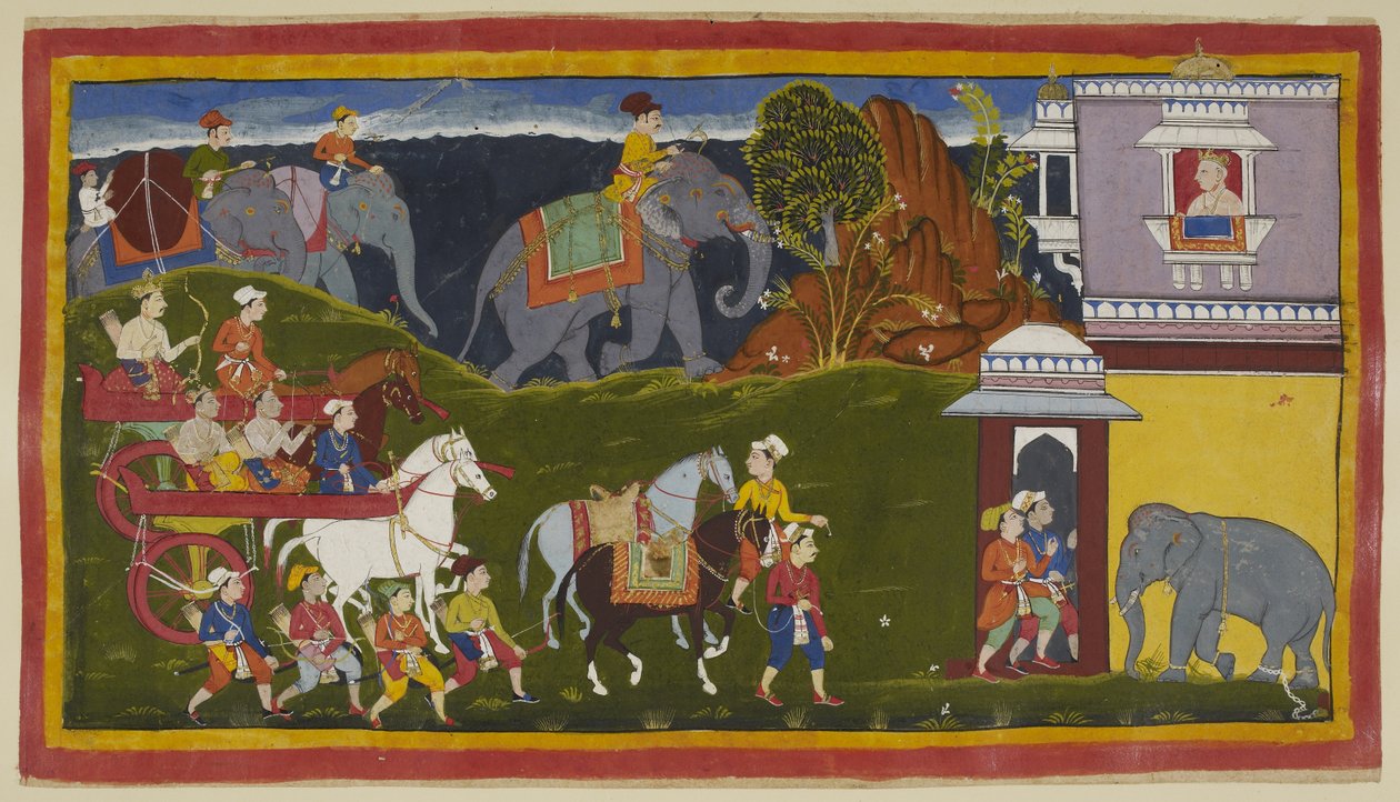Ekle 15296 (1) f.4r, Bharata, Shatrughna ve amcaları, uşaklar ve iki liderliğindeki binici atlarla birlikte, ufuk çizgisinin ötesinde yüklü fillerle, onları bekleyen Bharata