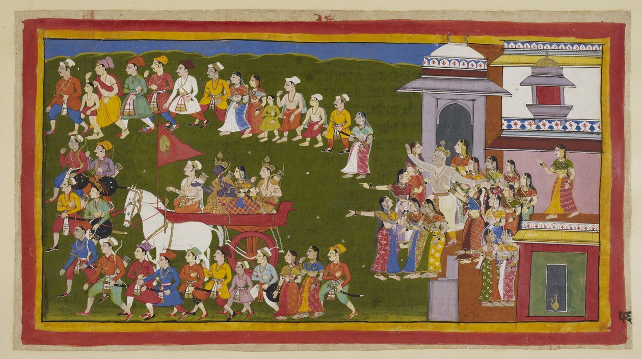 Ekle 15296 (1) f.56r, Rama, karısı ve erkek kardeşi Sumantra tarafından sürülen bir arabaya binerler ve çevreleri, arabanın ilerleyişinin tozunu gözyaşlarına bırakan kederli kasaba halkıyla çevrilidir. Dasaratha sarayından aceleyle çıkar ve kapıdan geçer. by Indian School