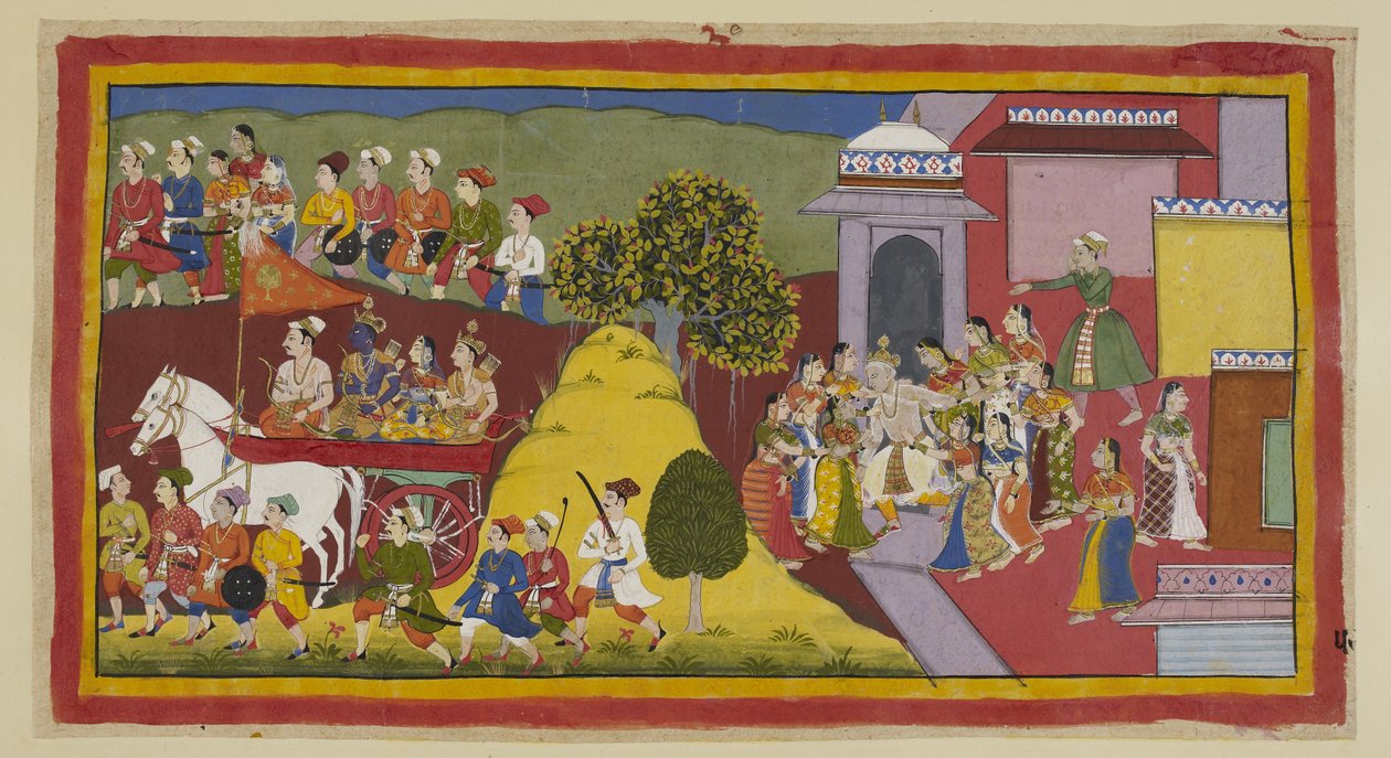 Add 15296 (1) f.57r, Rama, yaşlı ebeveynlerinin arabanın peşinden umutsuzca koştuğunu görünce dayanılmaz bir şekilde üzülür ve sürücüye baskı yapar. Araba, hala kasaba halkı tarafından çevrili bir tepenin arkasından geçerken, peşinden koşan Dasaratha, by Indian School