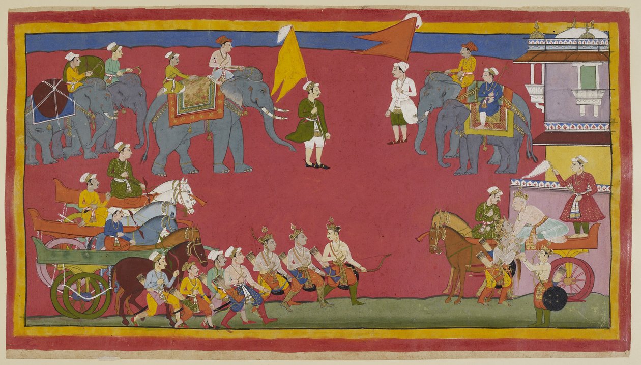 Ekle 15296 (1) f.5r, İki prens ve amcaları savaş arabalarından indiler ve kralı selamlamak için soldan ilerlediler. Arabasıyla sağdan saraydan çıkar ve onları sevgiyle selamlamak için eğilir. Filler arka planda by Indian School
