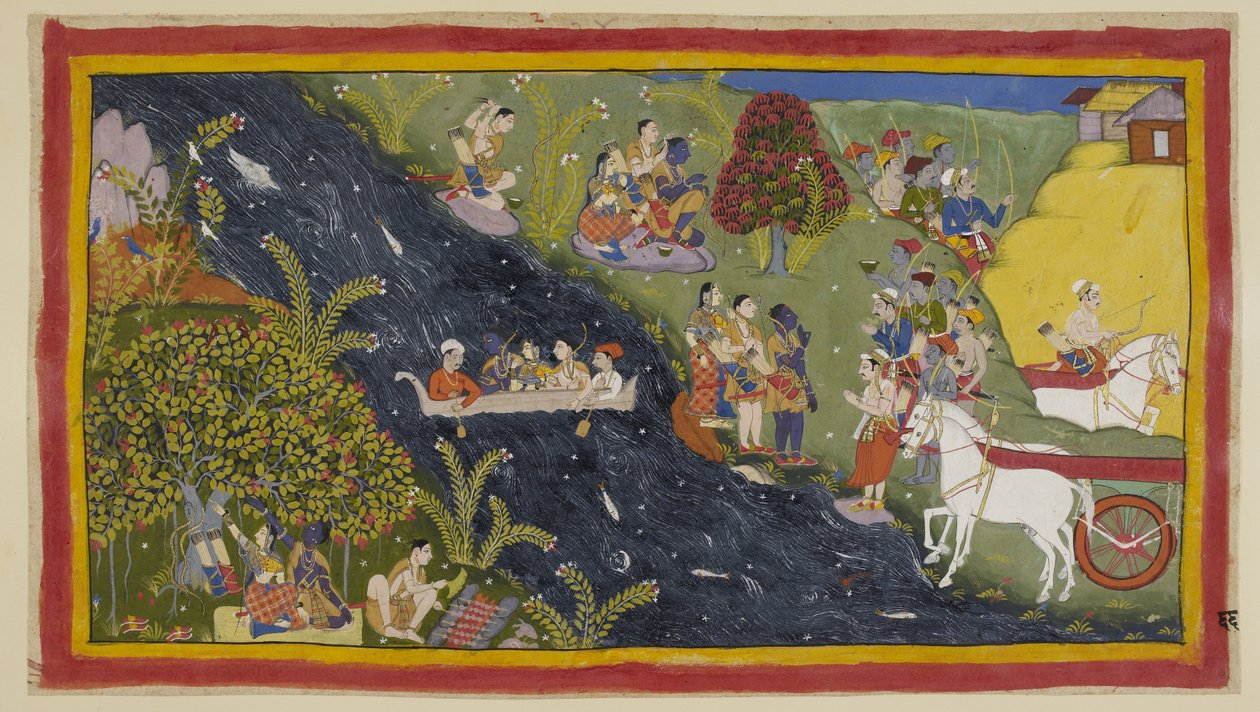 Add 15296 (1) f.66r, Sahabeler Ganj nehrine ulaştılar ve Nisada reisi Guha, yakın kasabalarından bazı adamlarıyla birlikte onları karşılamaya geldi. Rama ondan nehri geçebilmeleri için bir tekne sağlamasını ister. Sumantra