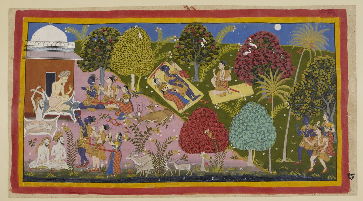 Ekle 15296 (1) f.68r, Üst merkezde, üçü geceyi ormanda geçirir. Sita ve Rama bir hasırın üzerinde, kılıcı ve yayı yanında uzanırken, hasırının üzerine oturan Laksmana, Rama