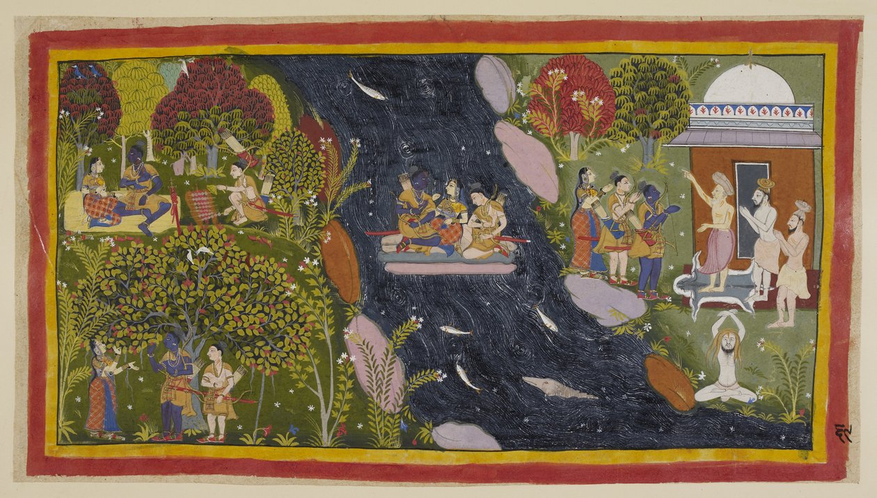 Ekle 15296 (1) f.69r, Bharadva ja, inziva yerinde sağda, gezginlere Citrakuta yolunu tavsiye ediyor. Merkezde, Yamuna