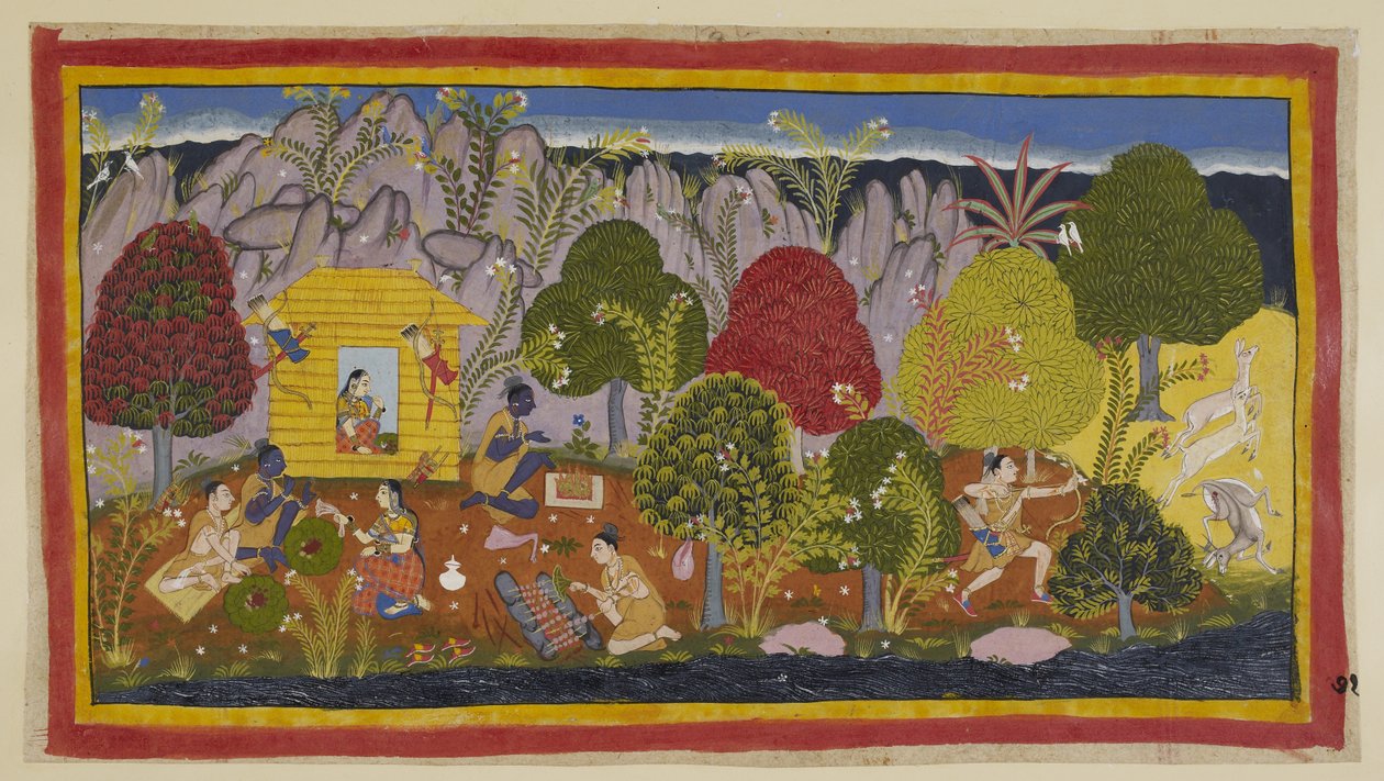 Ekle 15296 (1) f.71r, Kulübedeki meskenlerini almadan önce, başkanlık eden tanrılara adak adamaları gerekir. Laksmana sağda geyik avlar ve onu pişirmek için kulübeye döner; Rama bunun bir kısmını kurban olarak sunar. İki kardeş daha sonra yemek yerken, by Indian School