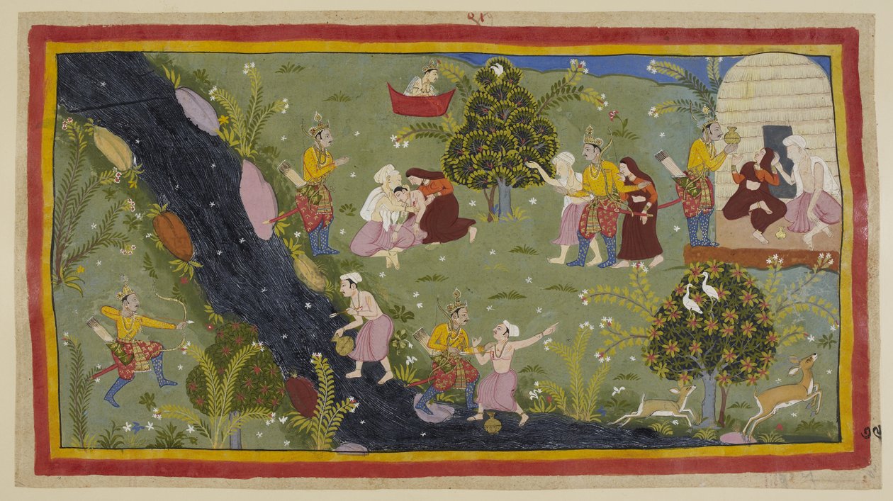15296 (1) f.79r ekleyin, Dasaratha kraliçelere gençliğinde avlanırken yanlışlıkla bir bilgenin oğlunu öldürdüğü olayı anlatır. Solda, Dasaratha yanlışlıkla yayını ağaçların arasından, diğer tarafta su sürahisini dolduran gence doğrultuyor. by Indian School