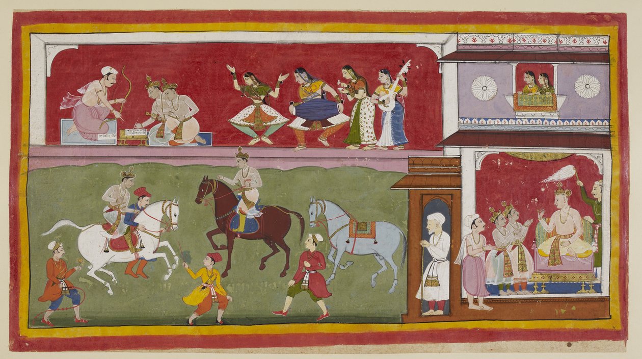 Ekle 15296 (1) f.7r, Sarayda sağda, prensler kraldan din, sanat ve bilim öğretmenleri isterken, yukarıda halı kaplı bir jharokha penceresindeki iki hanımefendi pratik yaparken sol tarafta onlara yukarıdan bakar egzersiz alanında binicilik. by Indian School