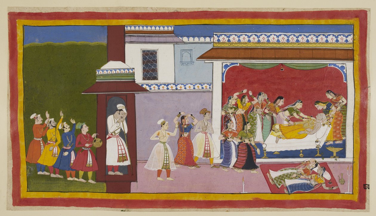 Ekle 15296 (1) f.80r, Ozanlar, müzisyenler ve dansçılar sabah onu uyandırmak için kralın odasının kapısına gelirler, bu sırada içeride bir grup kadın onu uykusundan uyandırmaya ve ölü olduğunu keşfetmeye çalışır. Kausalya ve Sumitra, yorgunluktan tükendile by Indian School