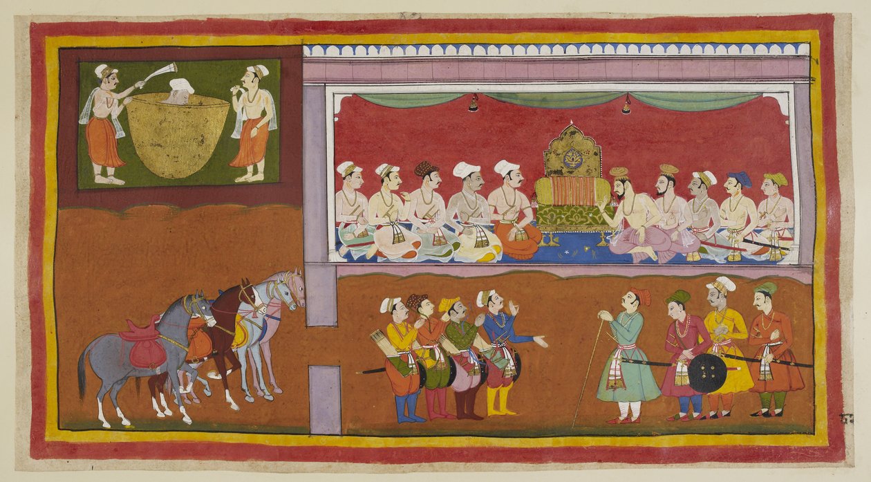 Ekle 15296 (1) f.82r, Oğullarının yokluğunda kralın cesedi bir yağ kazanına konur, görevliler onu saygıyla havalandırırken, durbar salonunda bakanlar ve Brahmanlar boş alanın her iki tarafında ne yapacaklarını tartışıyorlar taht. Vasistha dört yemek söyler by Indian School
