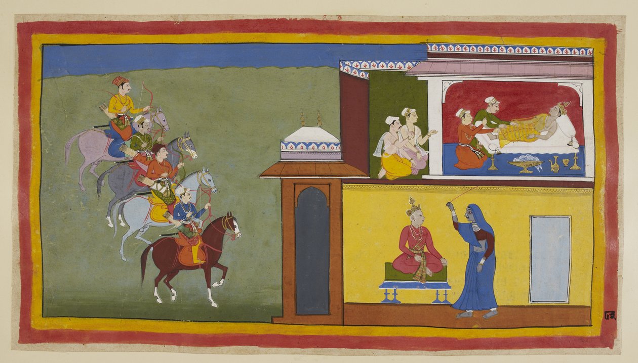 Ekle 15296 (1) f.83r, Atlı dört haberci Kekaya şehrine yaklaşırken, görevliler babası hakkında endişe verici rüyalar gören Bharata