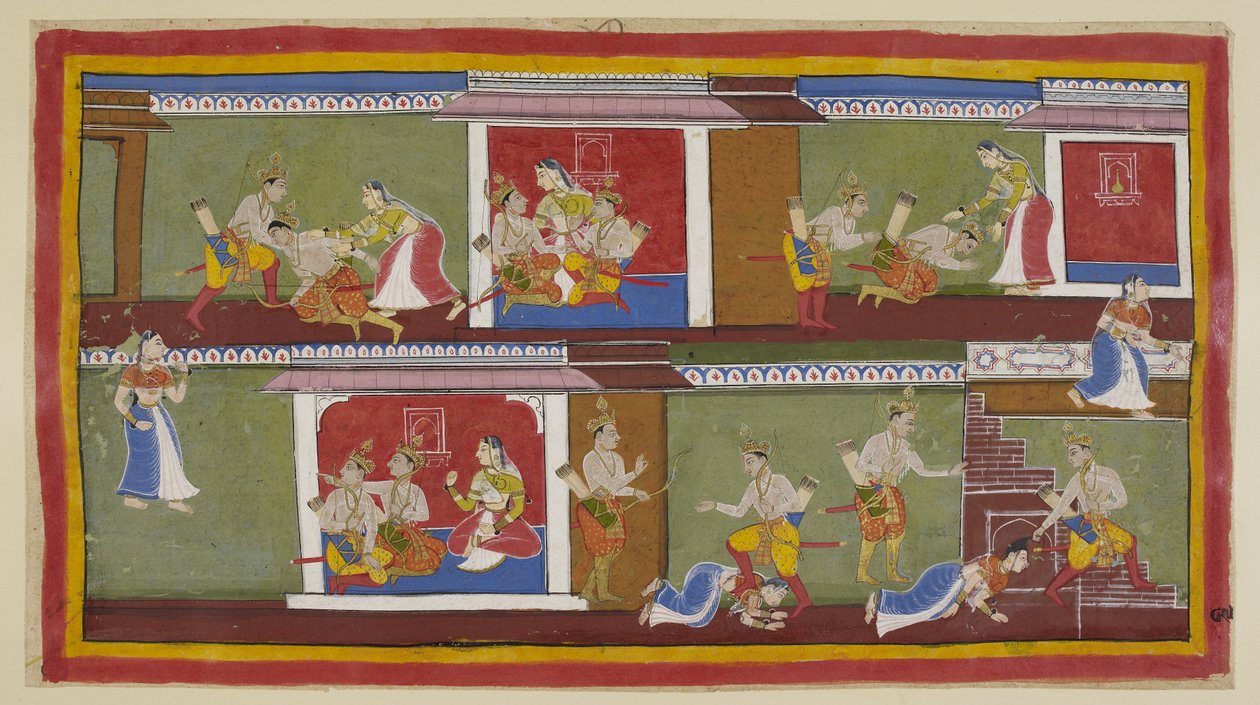 Ekle 15296 (1) f.89r, Sağ üstte, Bharata ve Shatrughna, onları kucağına alan Kaikeyi