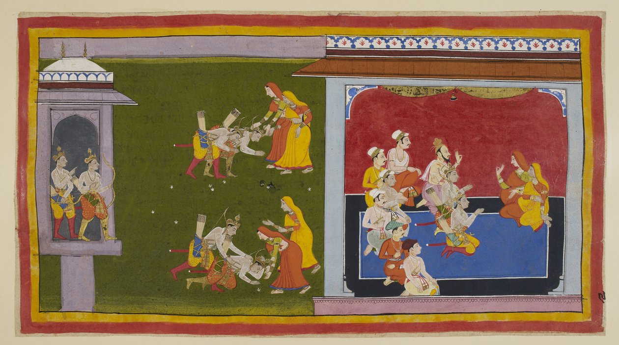 Ekle 15296 (1) f.90r, Prensler zenanalarında diğer anneleriyle buluşmaya giderler, ancak kırmızı ve sarı yas sarileri giymiş Kausalya ve Sumitra, dönüşlerini duyunca çoktan buluşmaya gittiler. onlara. Kausalya, Bharata