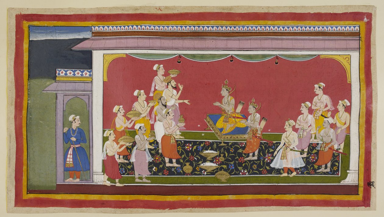 Add 15296 (1) f.96r, Bharata ve Shatrughna babalarının cenaze törenlerini gerçekleştirdiler ve on dört gün sonra, öngörülen yas süresinden sonra, Vasistha başkanlığındaki rahipler ve bakanlar taç giyme töreni için gerekli malzemeleri Bharata