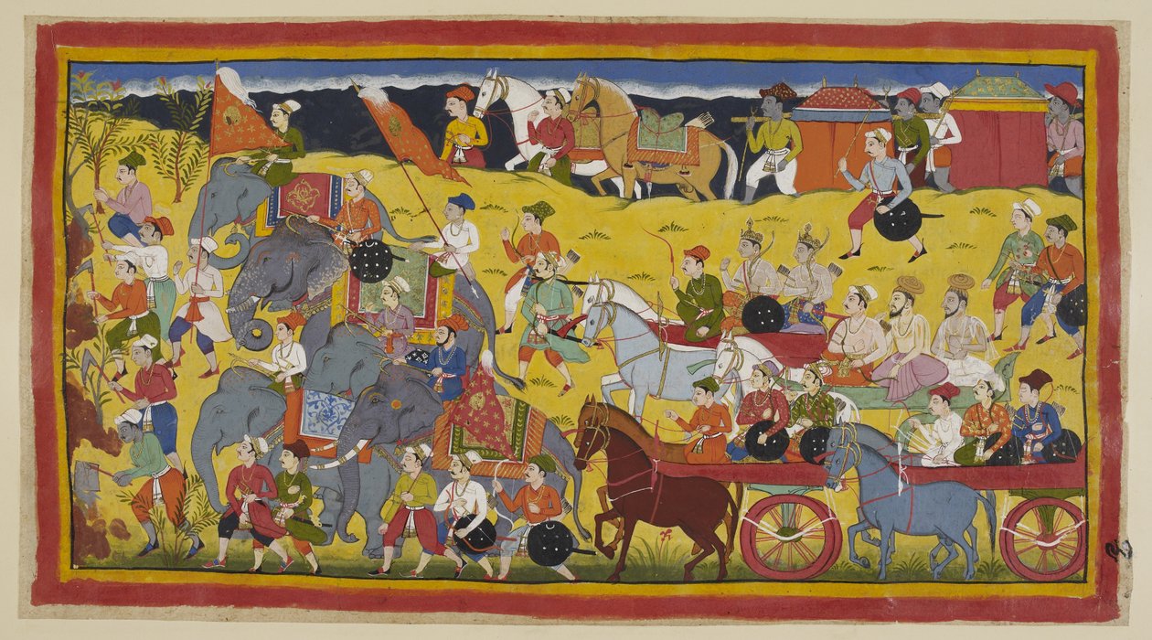 Ekle 15296 (1) f.97r, Prensler guruları, bakanları ve ordularıyla birlikte ormana doğru yola çıktılar, ondan önce yol yapmak için ağaçları kesen adamlar ve kraliyet filleri geldi. İki sedye kraliçeleri taşır, ardından iki öncü binici at gelir. by Indian School