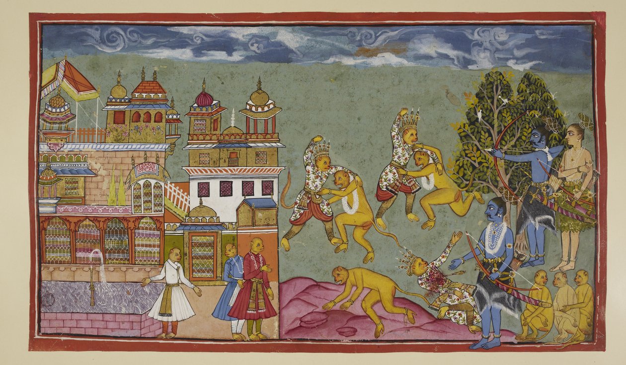 Ekle 15296 (2) f.18r, Sarayın dışında, Sugriva ve Bali yumruk ve çivi ile birbirlerine öfkeyle vururlar ve ardından ağaçları ve kayaları parçalarlar, ancak Bali daha güçlüdür ve Sugriva yavaş yavaş yer vermek zorunda kalır. Rama, Sugriva'nın kaybettiği by Indian School