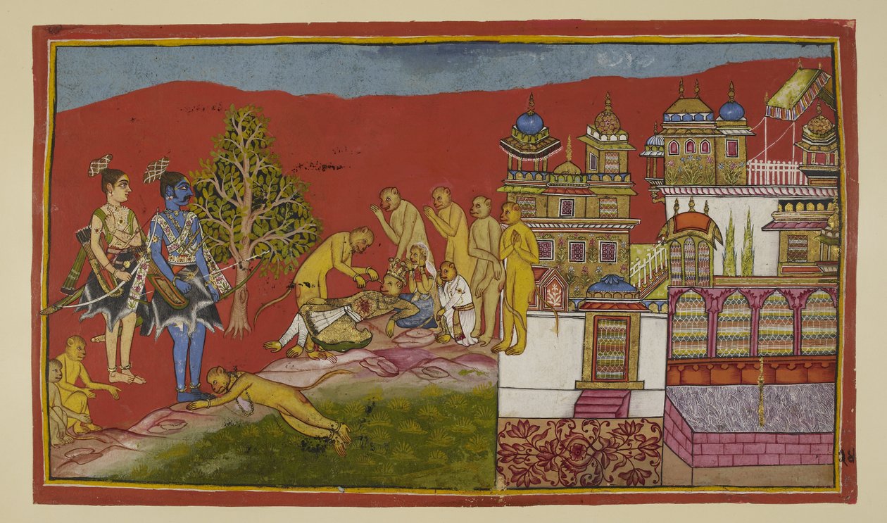 Ekle 15296 (2) f.24r, Sarayın dışında, Bali ölüyor. Hanuman ve diğer maymunlar onları teselli ederken, Tara ve oğulları Angada onu yas tutmak için saraydan çıktılar. Ba li, Sugriva'ya krallığını terk ettiğini söylemek için baygınlığından dirilir. by Indian School