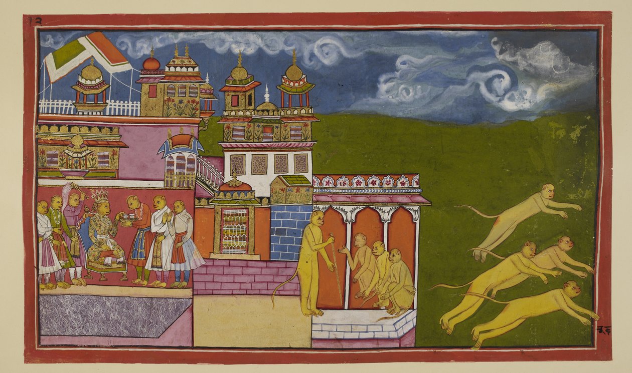Ekle 15296 (2) f.36r, Bu biraz yerinde olmayan resimde, Sugriva tahtına oturmuş, bir hizmetçiden bir içki kabul ederken, Hanuman tarafından Laksmana