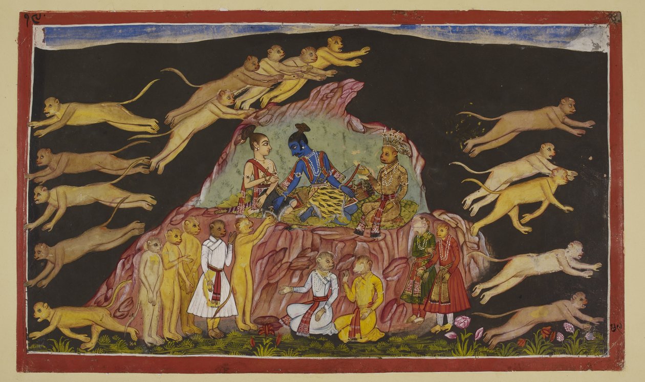 Add 15296 (2) f.49r, Rama, Laksmana ve Sugriva kayalık bir tepede oturuyor. Sugriva, muazzam kuvvetlerini dörde böler ve onları Sita
