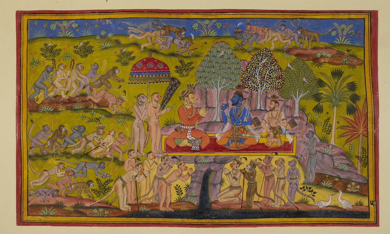 15296 (2) f.57r ekleyin, Sugriva hala iki kardeşe önceki maceralarından bahsederken, doğu, kuzey ve batı bölgelerine gönderilen maymunlar geri dönerler ve arayışlarının boşuna olduğunu bildirirler, hiçbir işaret yoktu. Sita