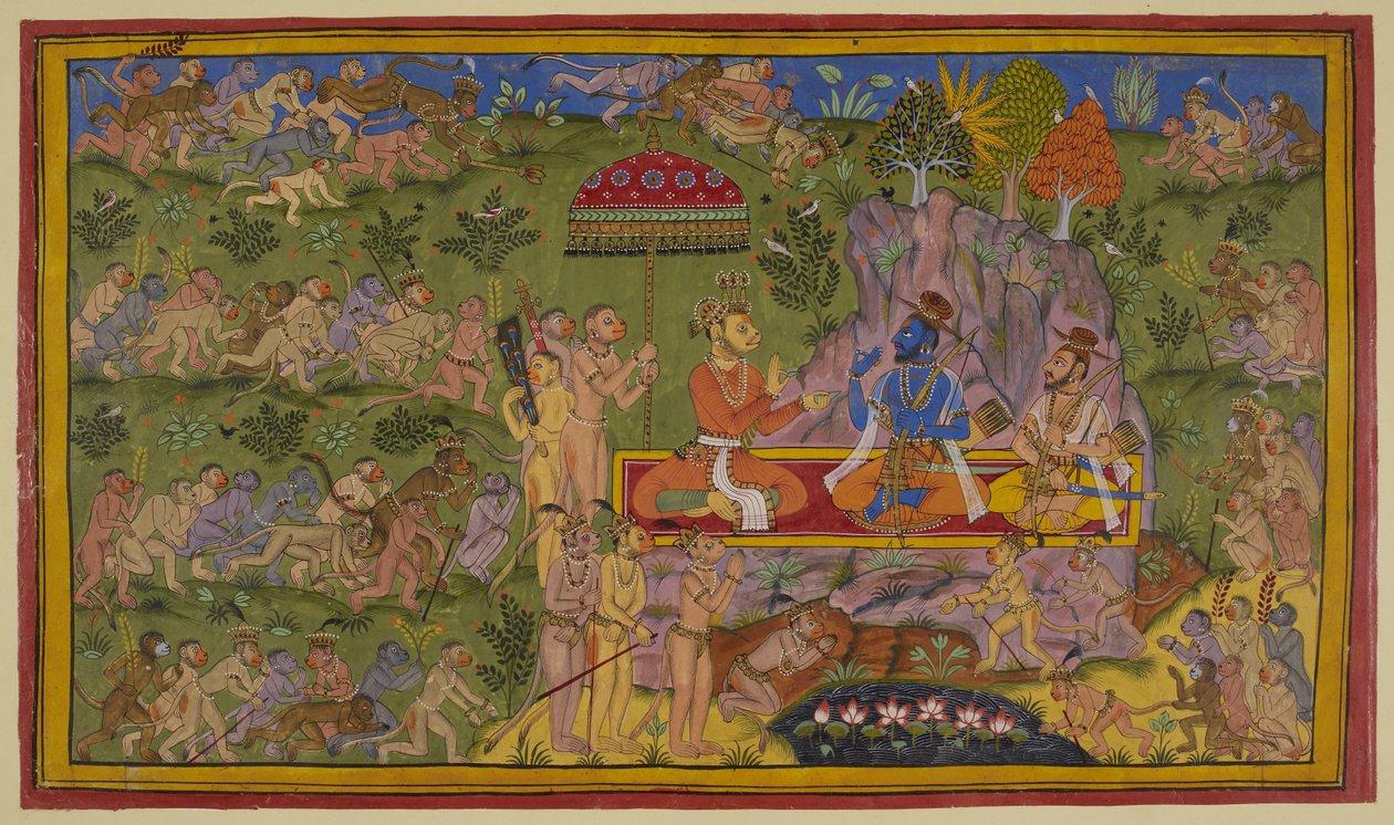 Ekle 15296 (2) f.58r, Maymun kuvvetleri kuzey, doğu ve batı bölgelerini boş yere aradılar ve Sugriva ve Rama