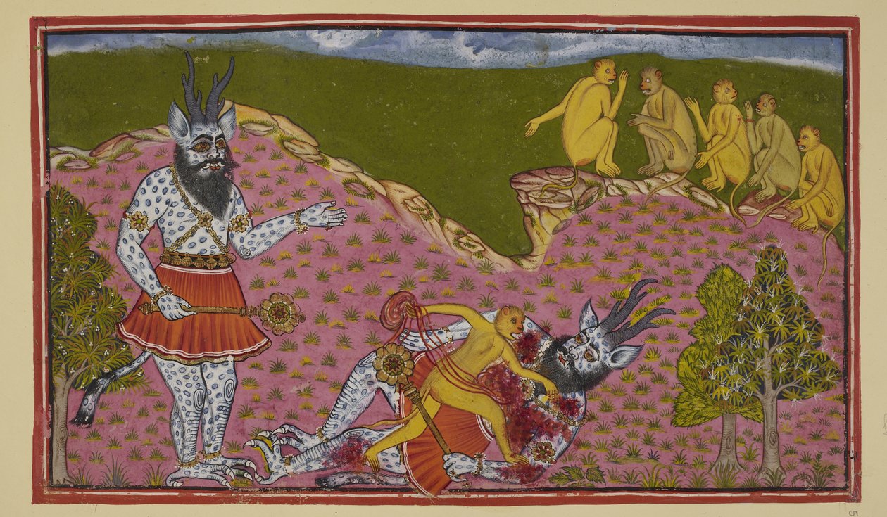 15296 (2) f.59r ekleyin, Hanuman ve Angada da dahil olmak üzere güneye giden maymunlar, boynuzlu ve gürzlü, mavi ve pullu devasa bir asura (şeytan) ile karşılaşırlar. Ravana olduğunu düşünen Angada, onu yere devirir ve diğer maymunlar seyrederken bağırsakl by Indian School