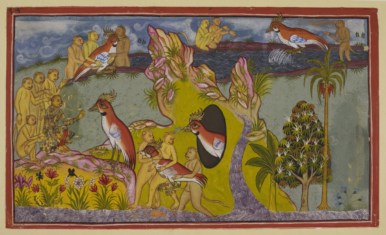Ekle 15296 (2) f.68r, Maymunlar krallarının gazabıyla yüzleşmek yerine güney okyanusunun kıyılarında kendilerini aç bırakarak ölmeye karar verdiler. Akbaba kral Jatayu
