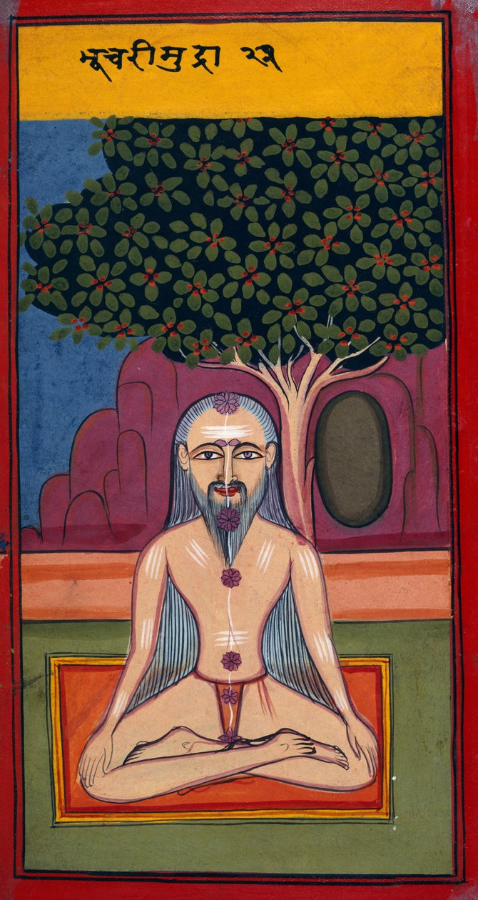 Asanalar ve Mudralardan (Hatha yoga) (kağıt üzerinde guaj) Bhusari duruşunda 24099 fol.114v A Yogi ekleyin by Indian School