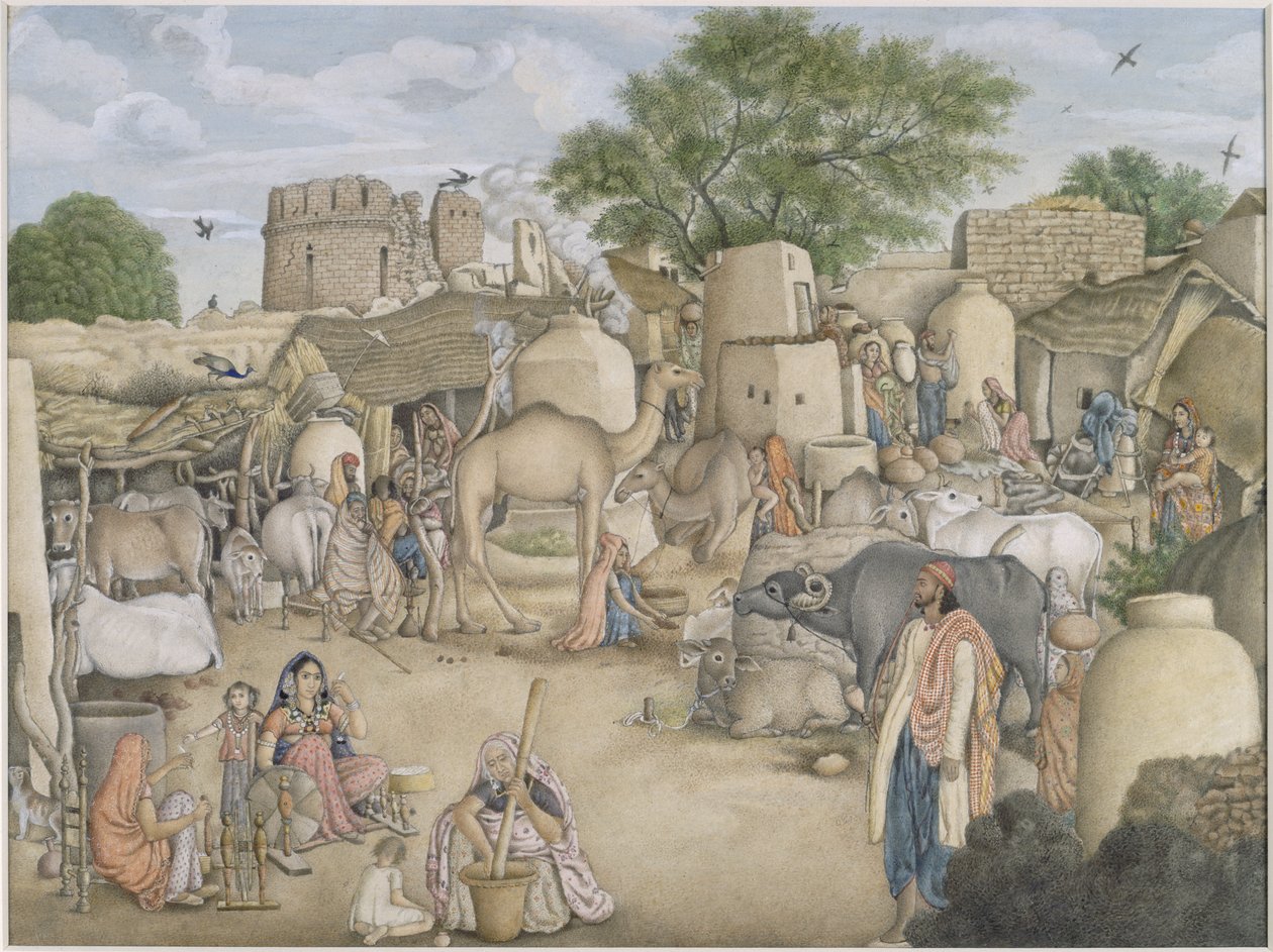 Or.4057 Ekle Raniya köyünden bir sokak sahnesi, c.1816-20 (kağıt üzerine suluboya ve guaj boya) by Indian School