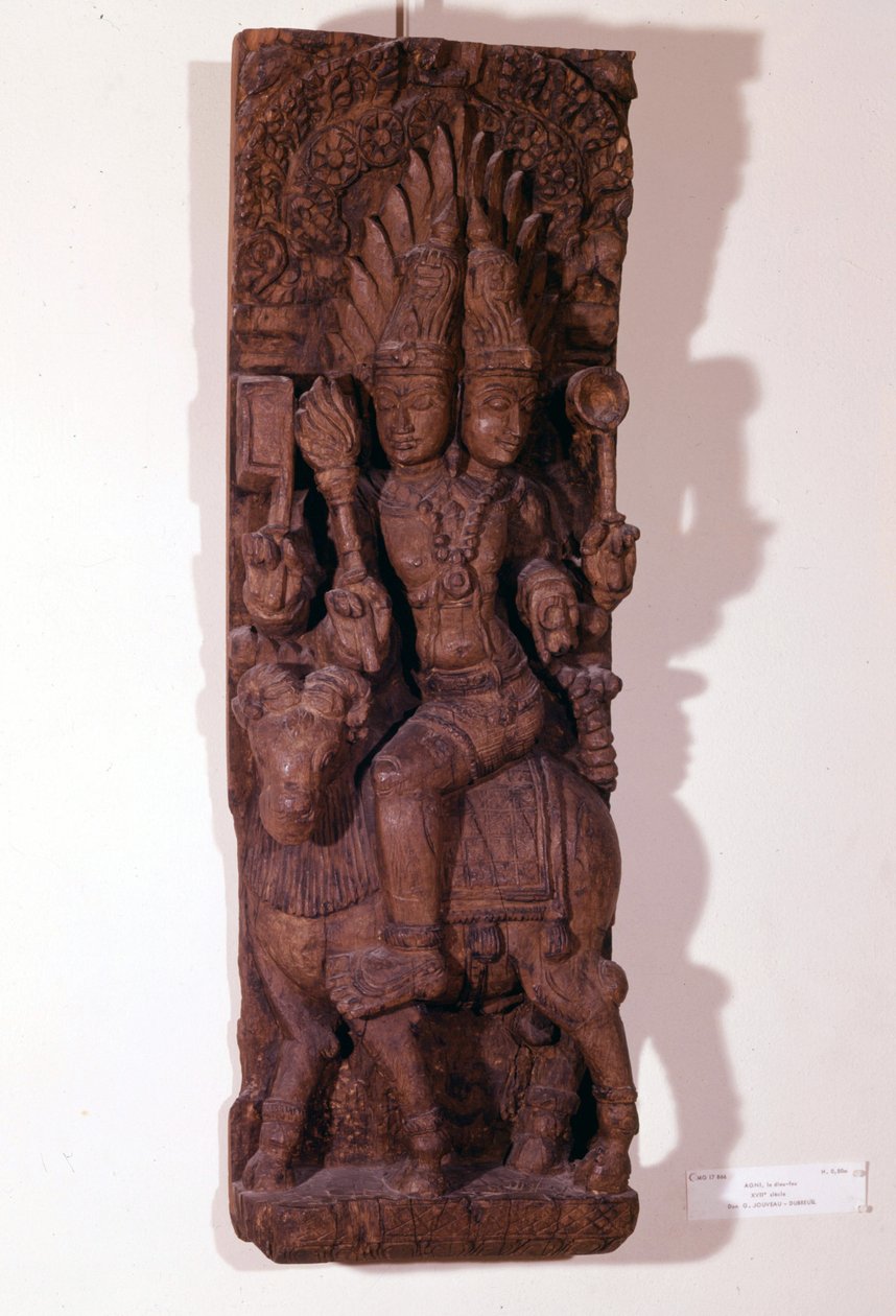 Ateş tanrısı Agni, Hindu mitolojisine göre bir koç üzerinde iki başlı (bisefali) tasvir edilmiştir. 17. yüzyılın ahşap heykeli. Paris, Guimet Müzesi. by Indian School