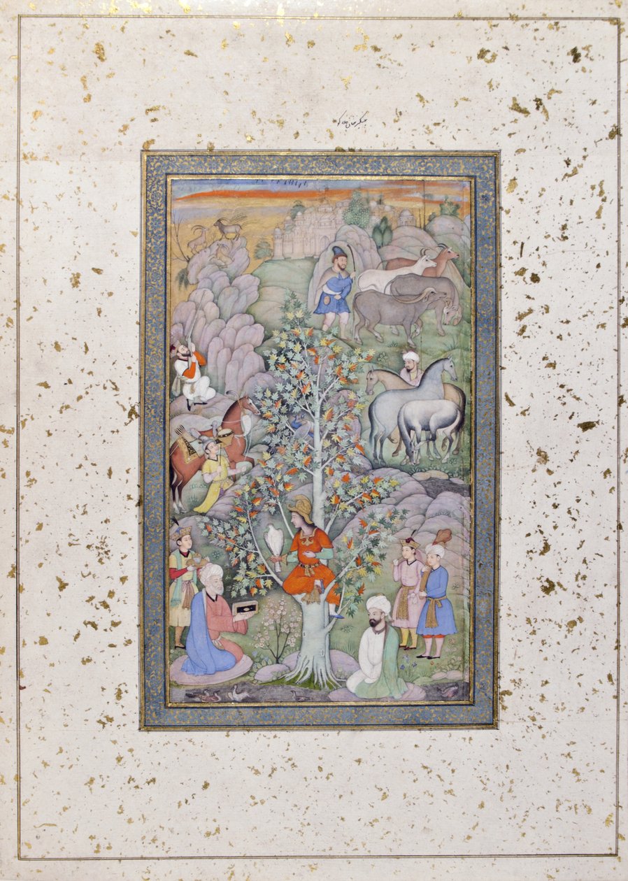 Alexander filozofu, doktoru ve kadehi sorguluyor, c.1610 (kağıt üzerinde opak wc ve altın) by Indian School